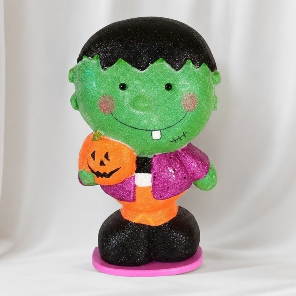 Frankenstein Halloween Decor Glitter Pumpkin Figure 12" Retro Spooky Cute